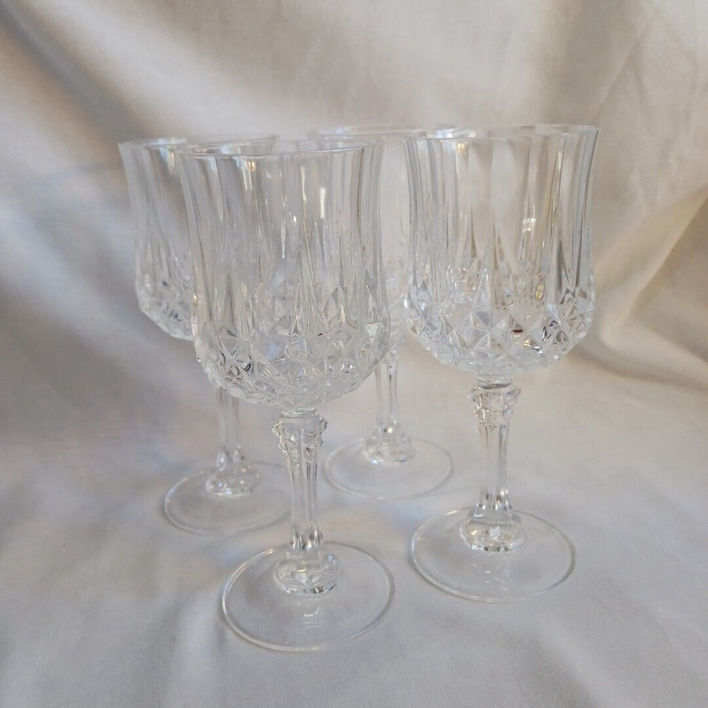 (4) J.G. Durand D'arques Cut Crystal Wine Goblets France Longchamp Pattern 7”